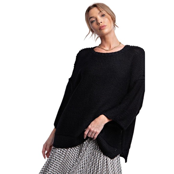 easel Sweaters - Sweater Boxy Knitted Dolman Sleeve Oversized – Black – Regular and Plus